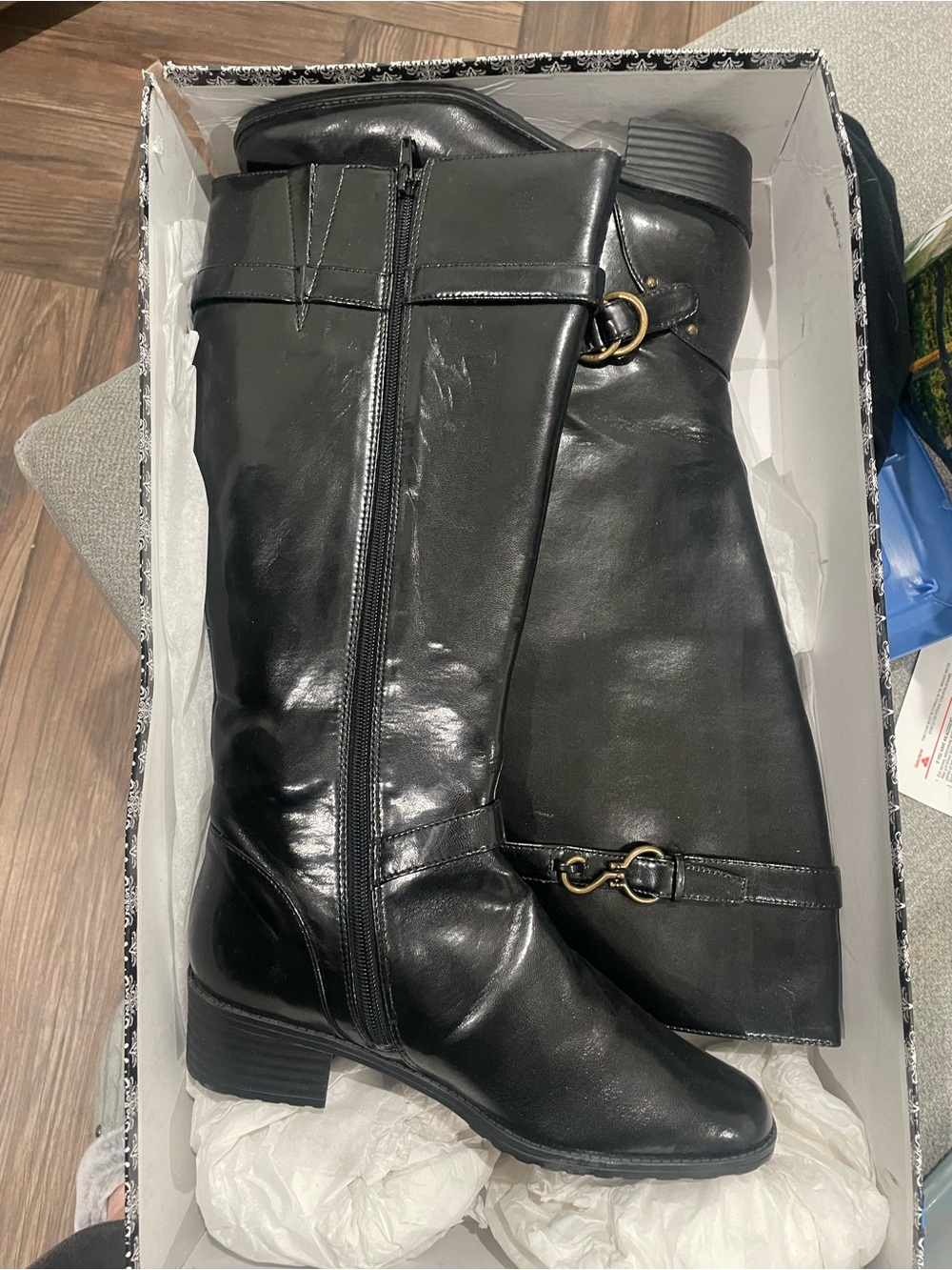 RSVP Black Knee-High Leather Heeled Boots with Gold Hardware